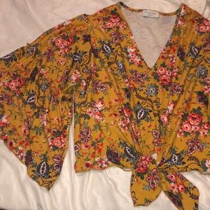 Wide BellSleeve Mustard Top with Neon Coral Floral